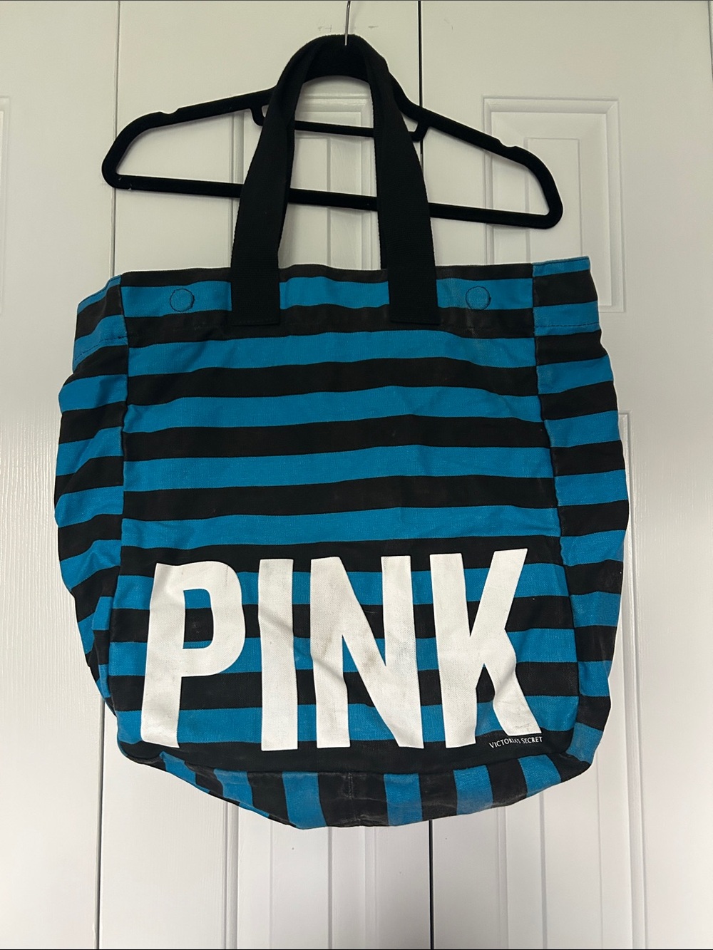 PINK Victoria's Secret Black and Blue Striped Canvas Tote